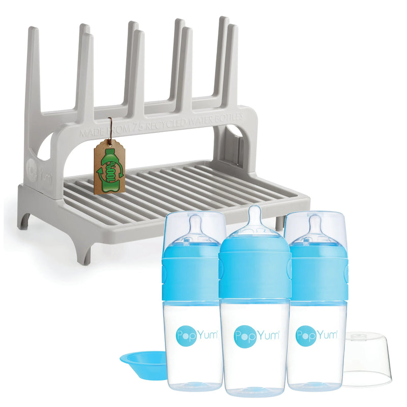 PopYum 9 oz Blue Formula Making Baby Bottle 3-Pack with Gray Drying Rack Bundle - BIG FRENCHIES