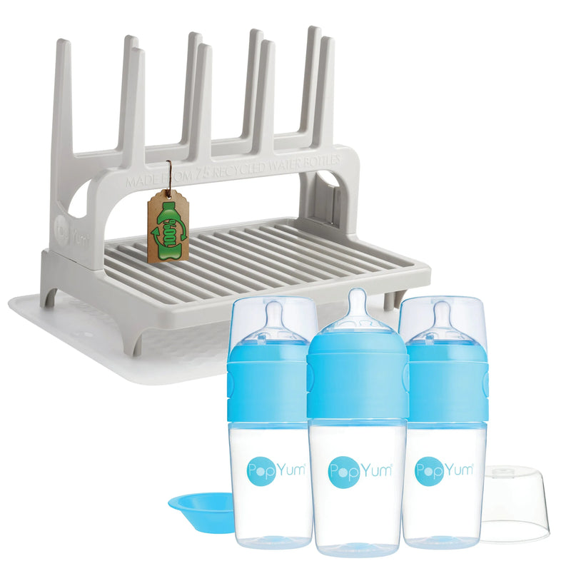 PopYum 9 oz Blue Formula Making Baby Bottle 3-Pk with Gray Drying Rack & Clear Drying Mat Bundle - BIG FRENCHIES