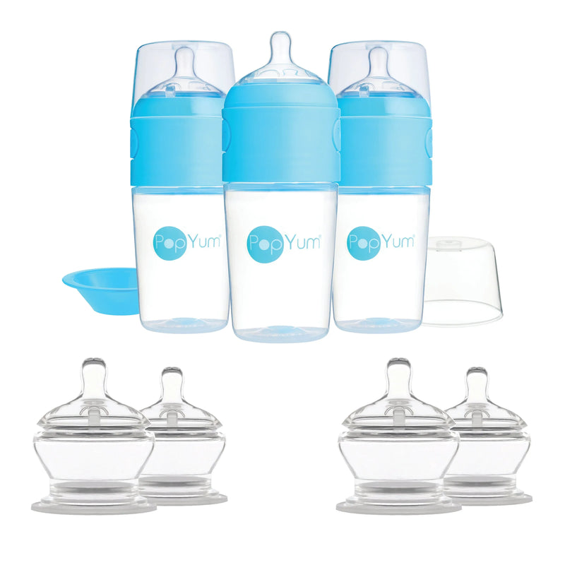 PopYum Blue 7 Piece Bundle: 9oz Bottle 3-Pack + 2 Nipple 2-Packs - BIG FRENCHIES