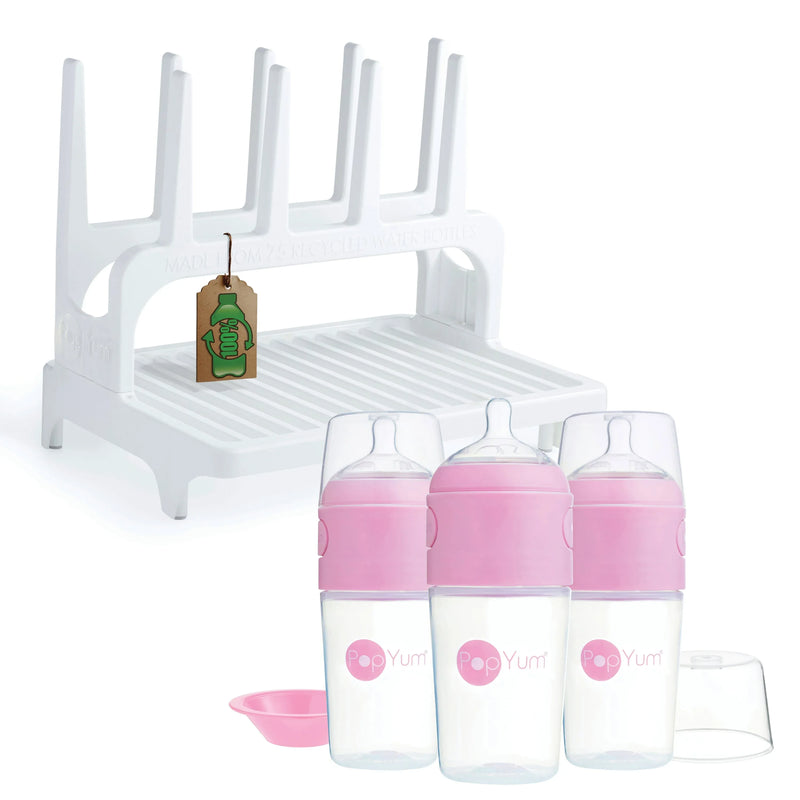 PopYum 9 oz Pink Formula Making Baby Bottle 3-Pack with White Drying Rack Bundle - BIG FRENCHIES