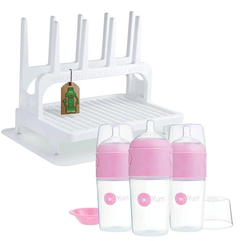 PopYum 9 oz Pink Formula Making Baby Bottle 3-Pk with White Drying Rack & Clear Drying Mat Bundle - BIG FRENCHIES