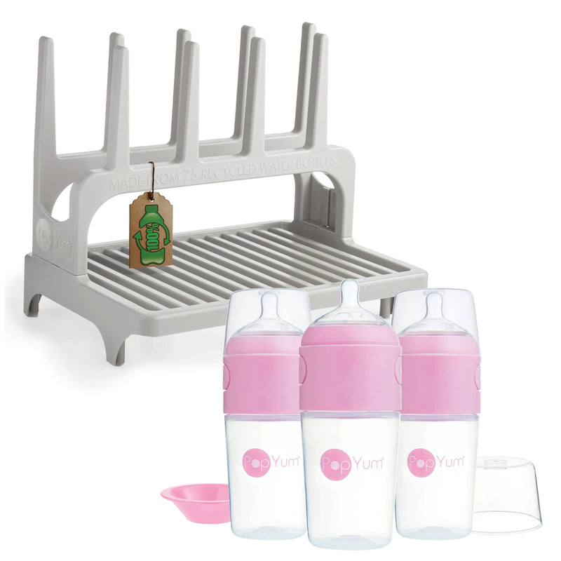 PopYum 9 oz Pink Formula Making Baby Bottle 3-Pack with Gray Drying Rack Bundle - BIG FRENCHIES