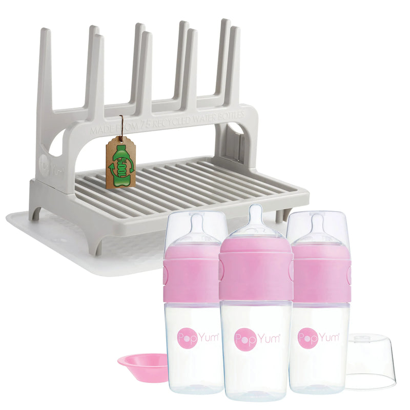 PopYum 9 oz Pink Formula Making Baby Bottle 3-Pk with Gray Drying Rack & Clear Drying Mat Bundle - BIG FRENCHIES