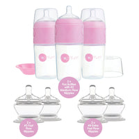 PopYum Pink 7 Piece Bundle: 9oz Bottle 3-Pack + 2 Nipple 2-Packs - BIG FRENCHIES