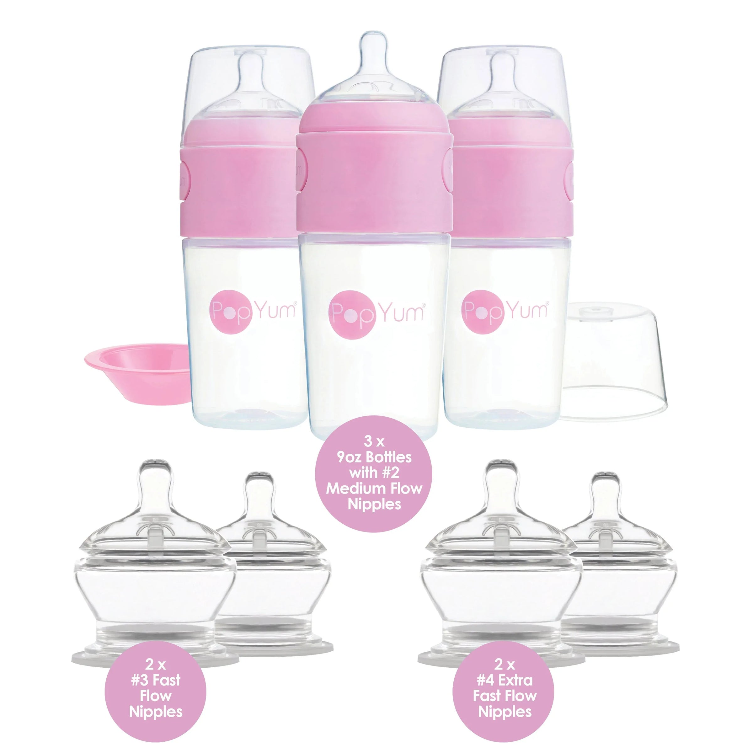 PopYum Pink 7 Piece Bundle: 9oz Bottle 3-Pack + 2 Nipple 2-Packs - BIG FRENCHIES
