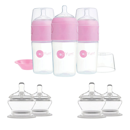 PopYum Pink 7 Piece Bundle: 9oz Bottle 3-Pack + 2 Nipple 2-Packs - BIG FRENCHIES