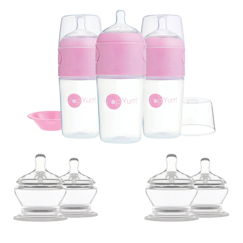 PopYum Pink 7 Piece Bundle: 9oz Bottle 3-Pack + 2 Nipple 2-Packs - BIG FRENCHIES