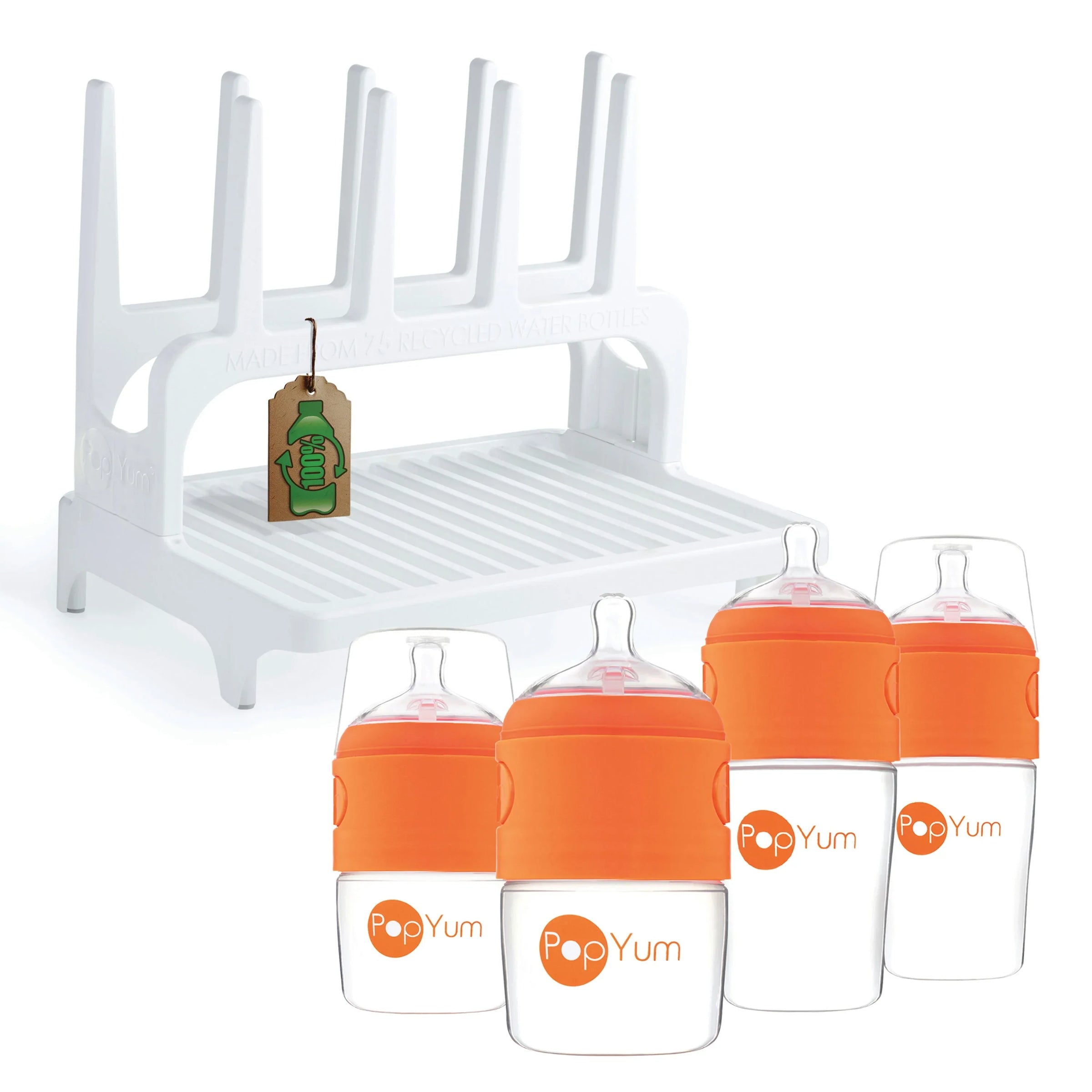PopYum Orange Formula Making Baby Bottle Set 4-Pack with White Drying Rack Bundle - BIG FRENCHIES