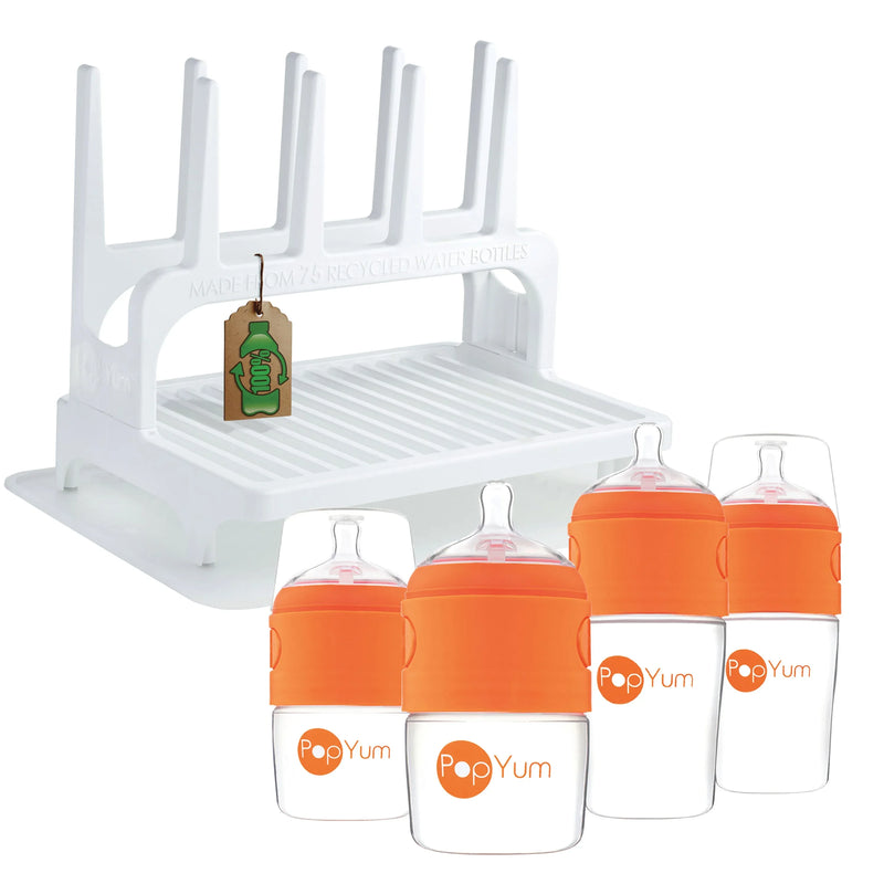 PopYum Orange Baby Bottle Set 4-Pack with White Drying Rack & Clear Drying Mat Bundle - BIG FRENCHIES
