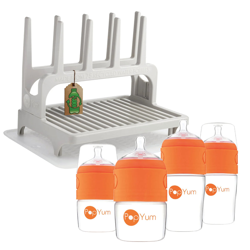 PopYum Orange Baby Bottle Set 4-Pack with Gray Drying Rack & Clear Drying Mat Bundle - BIG FRENCHIES