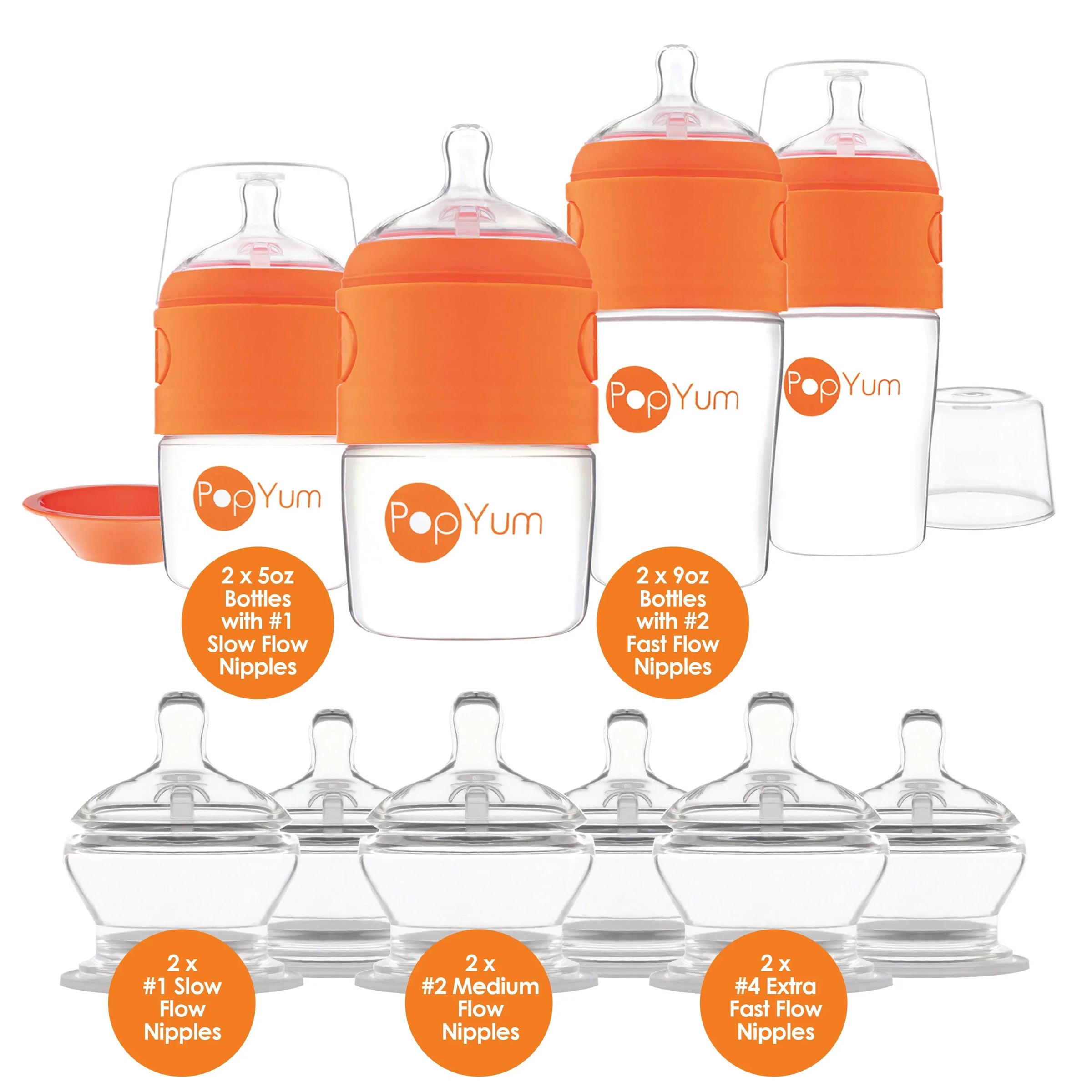 PopYum Orange 10 Piece Bundle: Bottle Set + 3 Nipple 2-Packs - BIG FRENCHIES