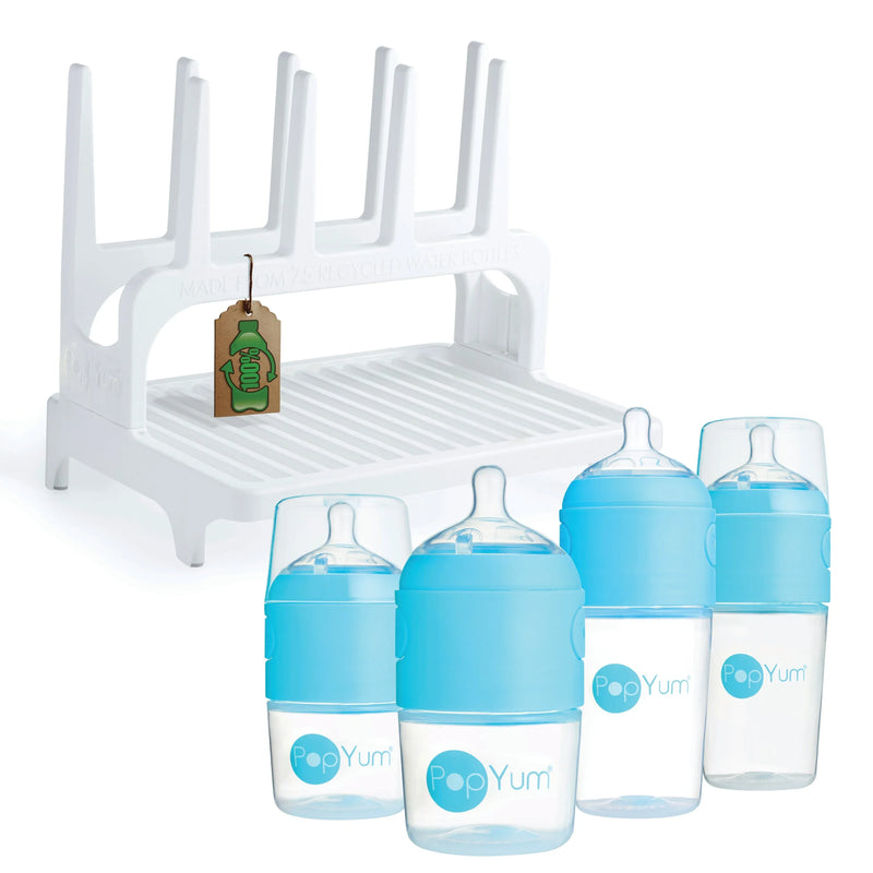 PopYum Blue Formula Making Baby Bottle Set 4-Pack with White Drying Rack Bundle - BIG FRENCHIES
