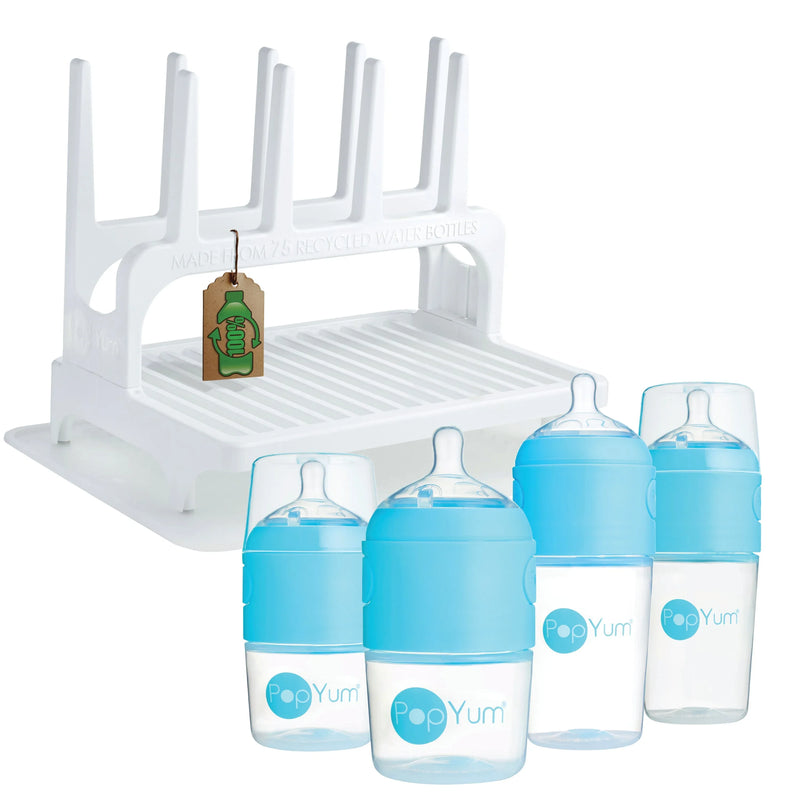 PopYum Blue Baby Bottle Set 4-Pack with White Drying Rack & Clear Drying Mat Bundle - BIG FRENCHIES