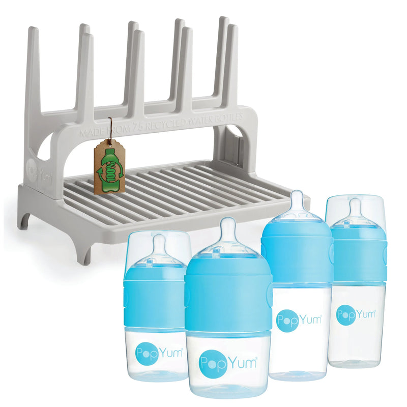 PopYum Blue Formula Making Baby Bottle Set 4-Pack with Gray Drying Rack Bundle - BIG FRENCHIES