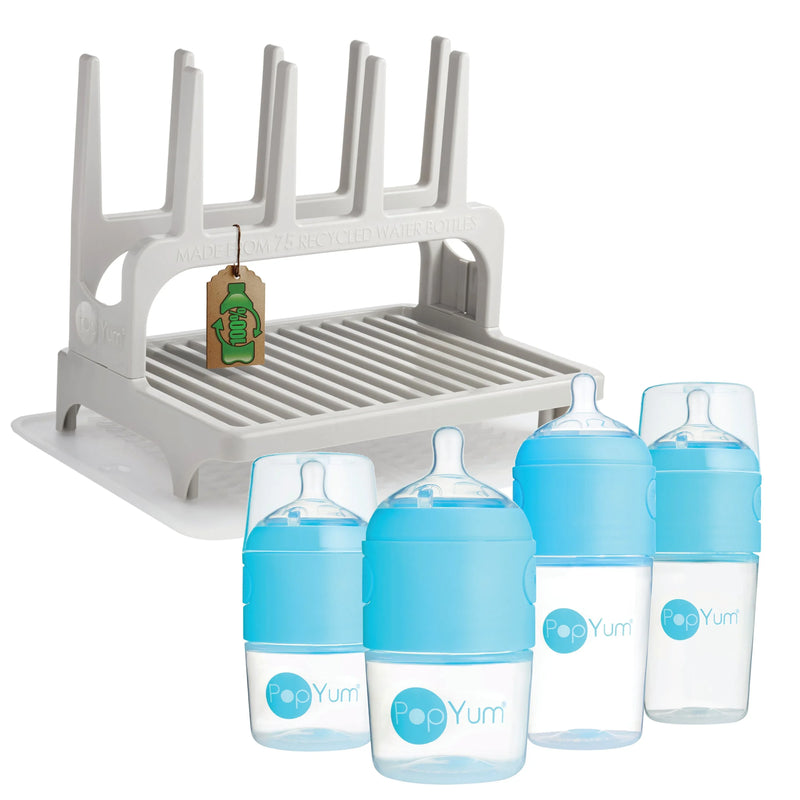 PopYum Blue Baby Bottle Set 4-Pack with Gray Drying Rack & Clear Drying Mat Bundle - BIG FRENCHIES