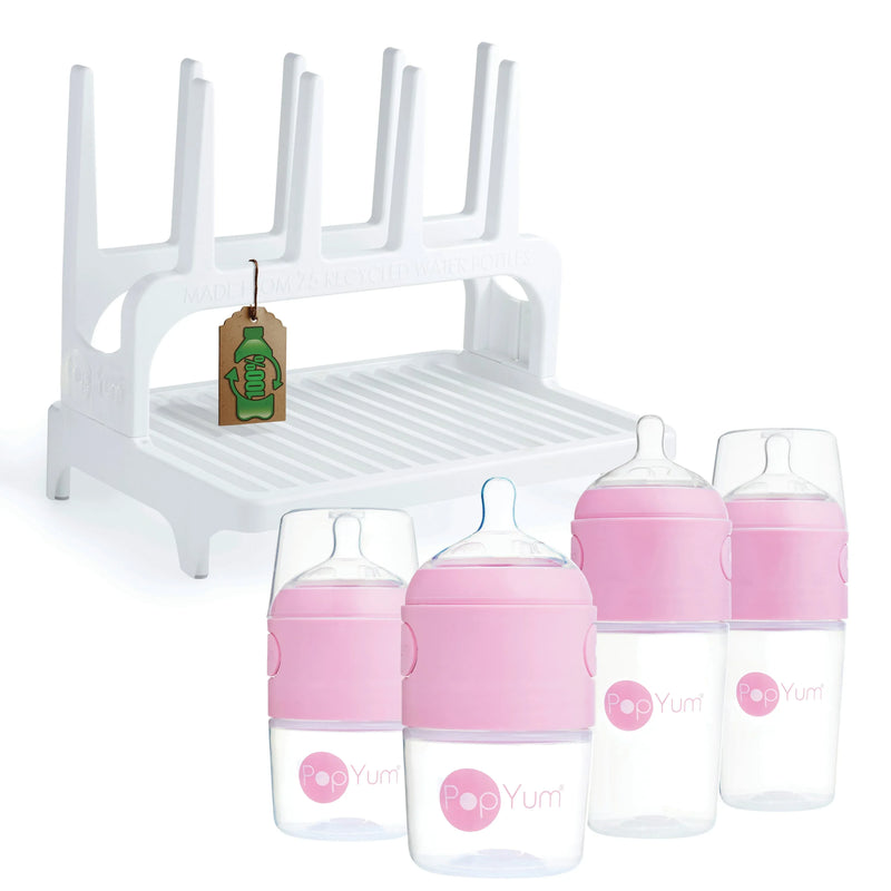PopYum Pink Formula Making Baby Bottle Set 4-Pack with White Drying Rack Bundle - BIG FRENCHIES