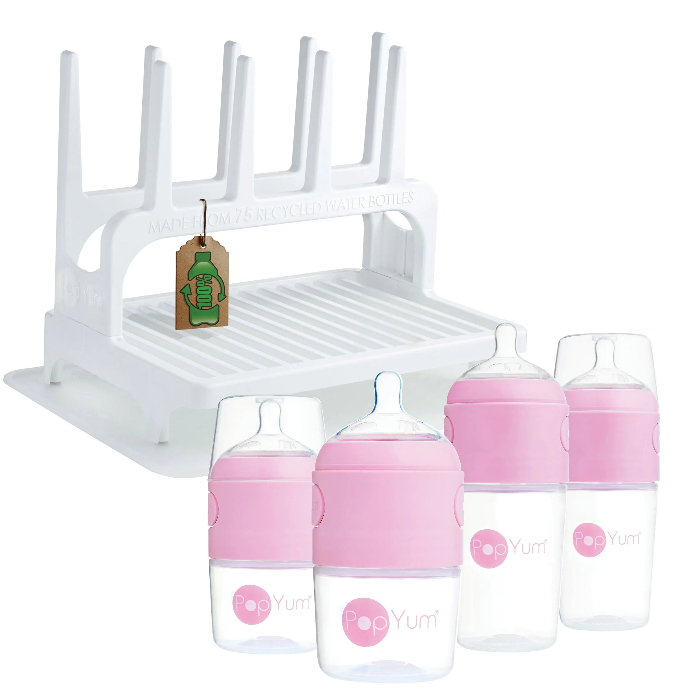 PopYum Pink Baby Bottle Set 4-Pack with White Drying Rack & Clear Drying Mat Bundle - BIG FRENCHIES