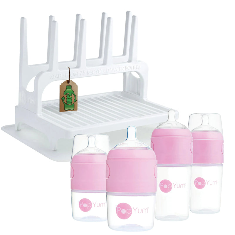 PopYum Pink Baby Bottle Set 4-Pack with White Drying Rack & Clear Drying Mat Bundle - BIG FRENCHIES