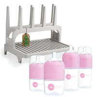 PopYum Pink Baby Bottle Set 4-Pack with Gray Drying Rack & Clear Drying Mat Bundle - BIG FRENCHIES