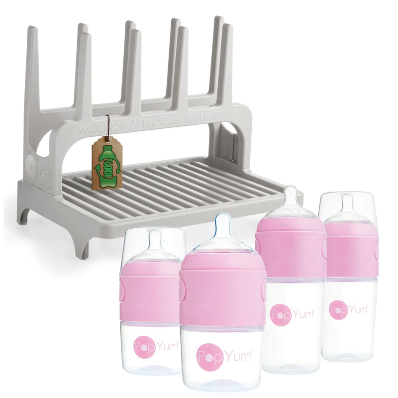 PopYum Pink Baby Bottle Set 4-Pack with Gray Drying Rack & Clear Drying Mat Bundle - BIG FRENCHIES