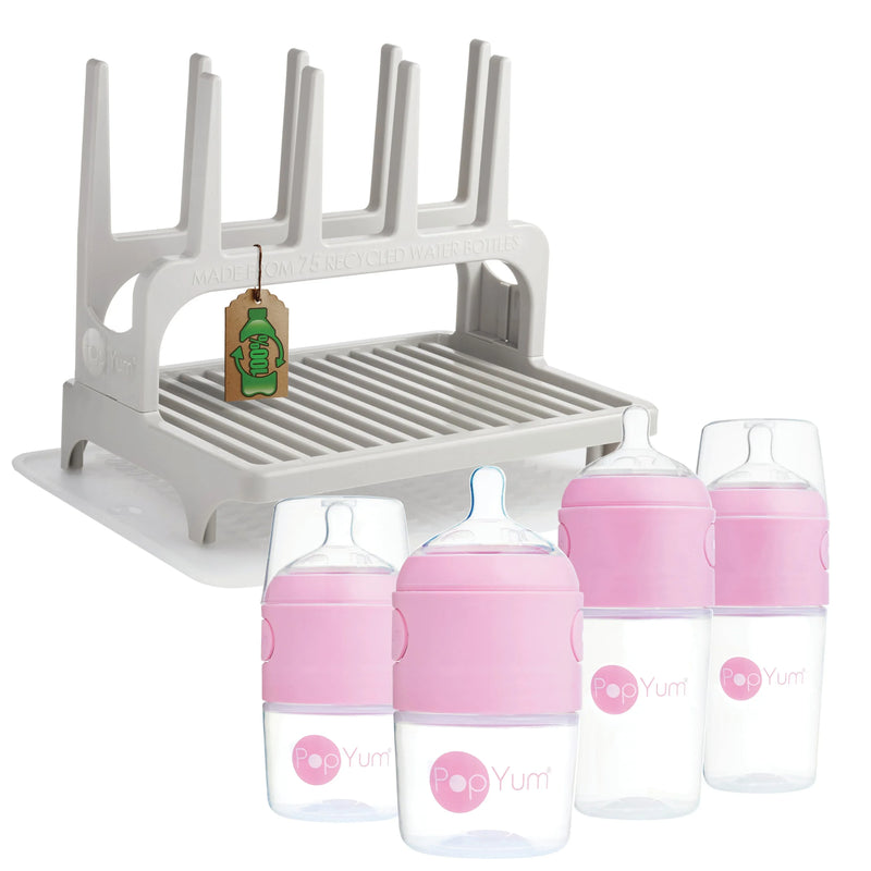 PopYum 9 oz Pink Formula Making Baby Bottle 3-Pk with Gray Drying Rack & Clear Drying Mat Bundle - BIG FRENCHIES