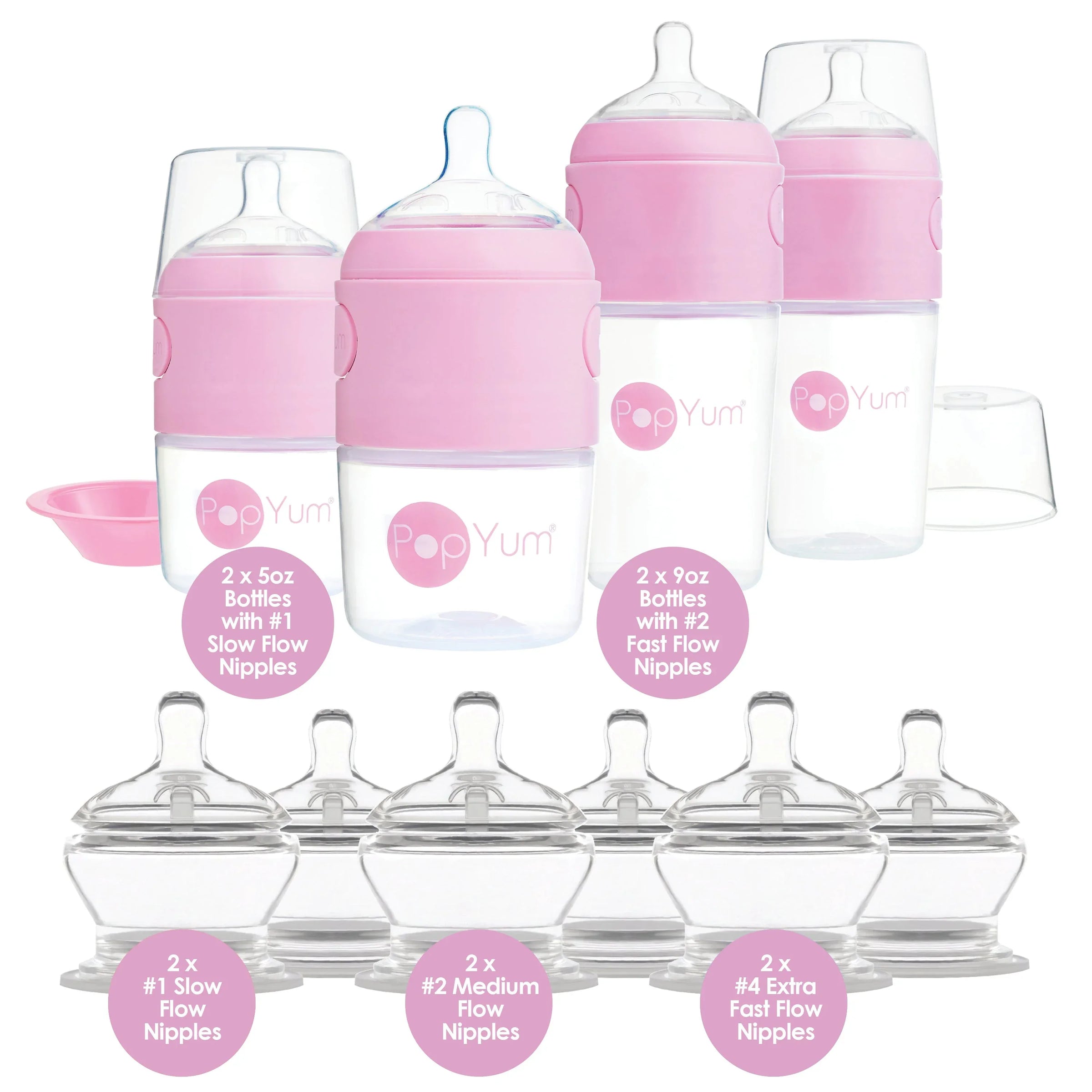 PopYum Pink 10 Piece Bundle: Bottle Set + 3 Nipple 2-Packs - BIG FRENCHIES