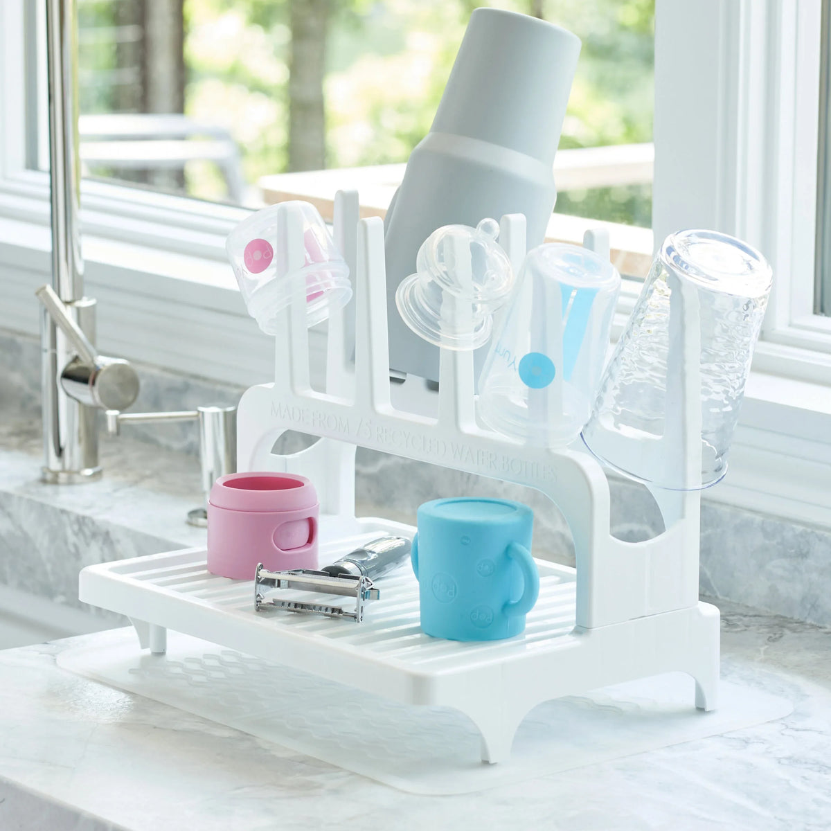 PopYum Glacier White Drying Rack from 100% Recycled Bottles with Silicone Drying Mat, countertop for Baby Bottles, Plastic Bags, Cups, Compact - BIG FRENCHIES