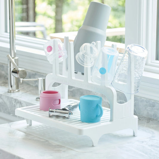 PopYum Glacier White Drying Rack from 100% Recycled Bottles with Silicone Drying Mat, countertop for Baby Bottles, Plastic Bags, Cups, Compact - BIG FRENCHIES