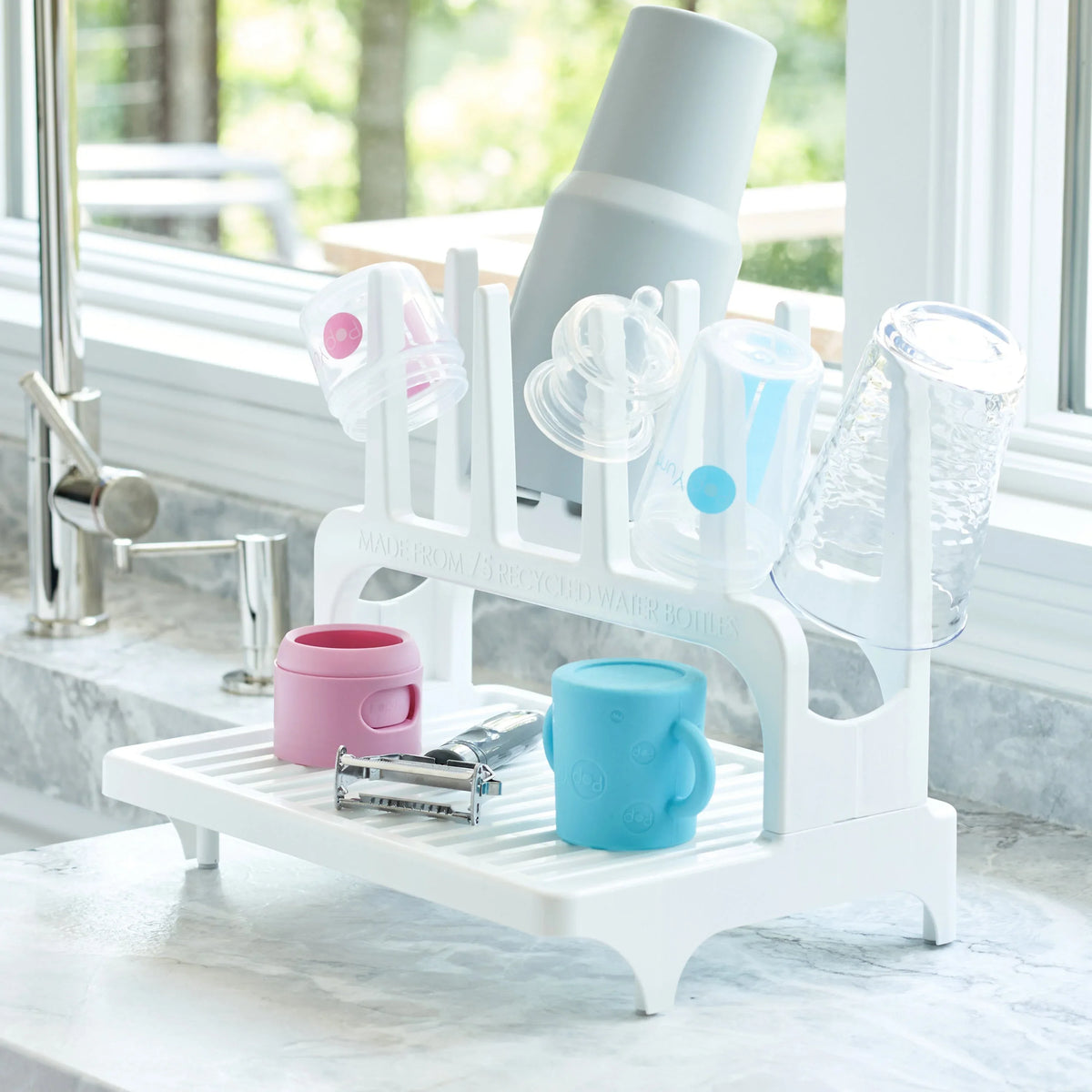 PopYum Glacier White Space Saving Drying Rack from 100% Recycled Bottles, countertop for Baby Bottles, Plastic Bags, Cups, Glass, tumblers, Compact - BIG FRENCHIES