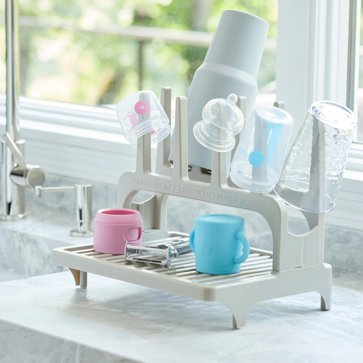 PopYum Seattle Gray Space Saving Drying Rack from 100% Recycled Bottles, countertop for Baby Bottle, Plastic Bags, Cups, Glass, tumblers, Compact - BIG FRENCHIES