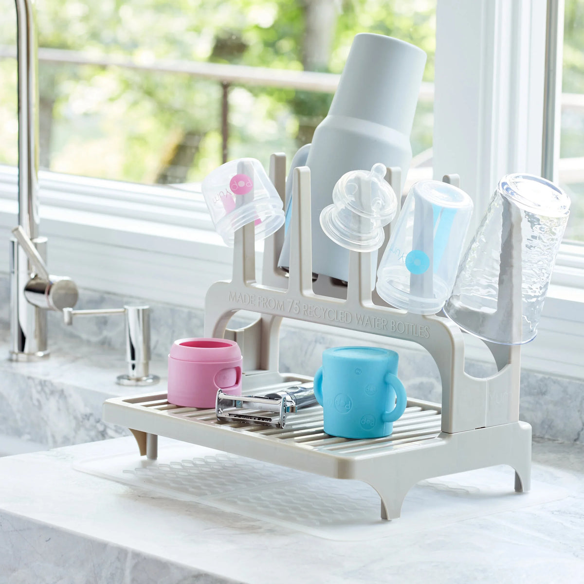 PopYum Seattle Gray Drying Rack from 100% Recycled Bottles with Silicone Drying Mat, countertop for Baby Bottle, Plastic Bags, Cups, Compact - BIG FRENCHIES
