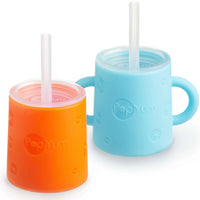 PopYum Silicone Training Cup with Straw + Lid 2-Pack for Baby, Infant and Toddler, Tumbler, Sippy, handles, 5 ounce (blue, orange) - BIG FRENCHIES