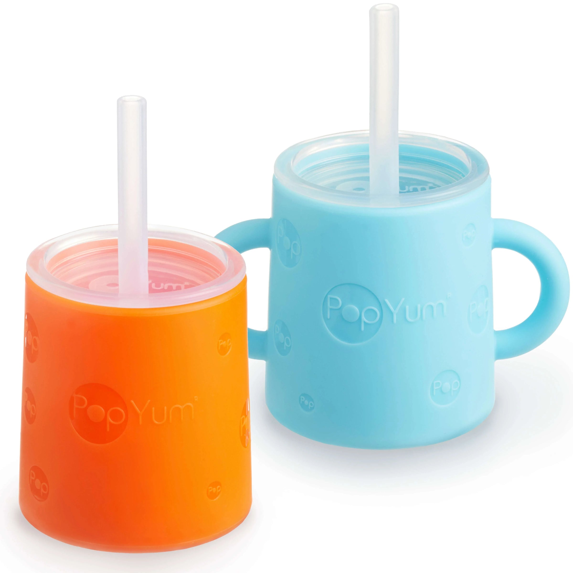 PopYum Silicone Training Cup with Straw + Lid 2-Pack for Baby, Infant and Toddler, Tumbler, Sippy, handles, 5 ounce (blue, orange) - BIG FRENCHIES
