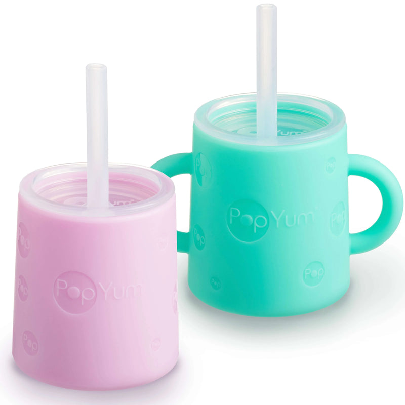 PopYum Silicone Training Cup with Straw + Lid, 2-Pack for Baby, Infant and Toddler, Tumbler, Sippy, handles, 5 ounce (green, pink) - BIG FRENCHIES