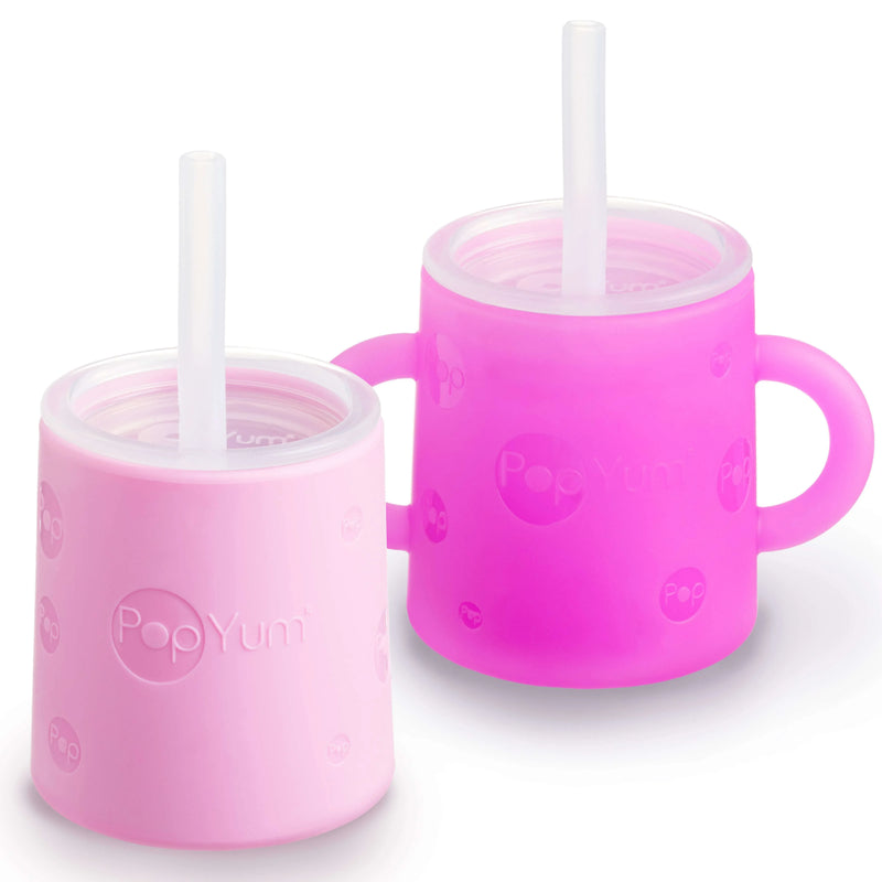 PopYum Silicone Training Cup with Straw Lid, 2-Pack for Baby, Infant and Toddler, Tumbler, Sippy, handles, 5 ounce (purple, pink) - BIG FRENCHIES