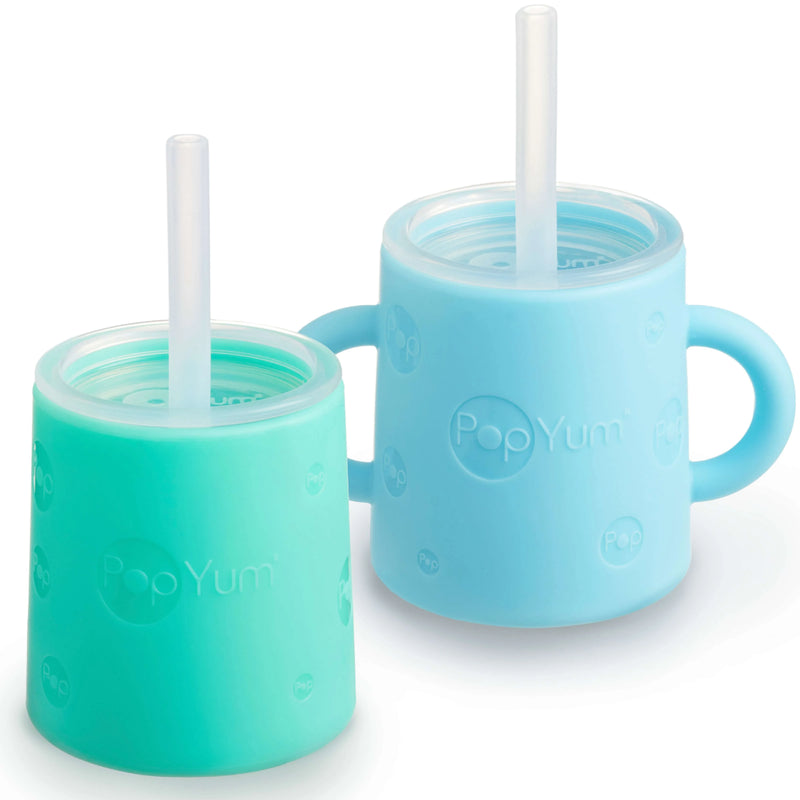 PopYum Silicone Training Cup with Straw Lid, 2-Pack for Baby, Infant and Toddler, Tumbler, Sippy, handles, 5 ounce (blue, green) - BIG FRENCHIES