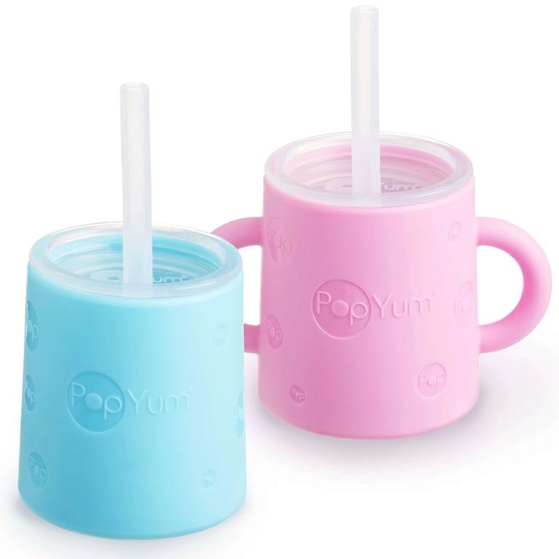 PopYum Silicone Training Cup with Straw Lid 2-Pack for Baby, Infant and Toddler, Tumbler, Sippy, handles, 5 ounce (blue, pink) - BIG FRENCHIES