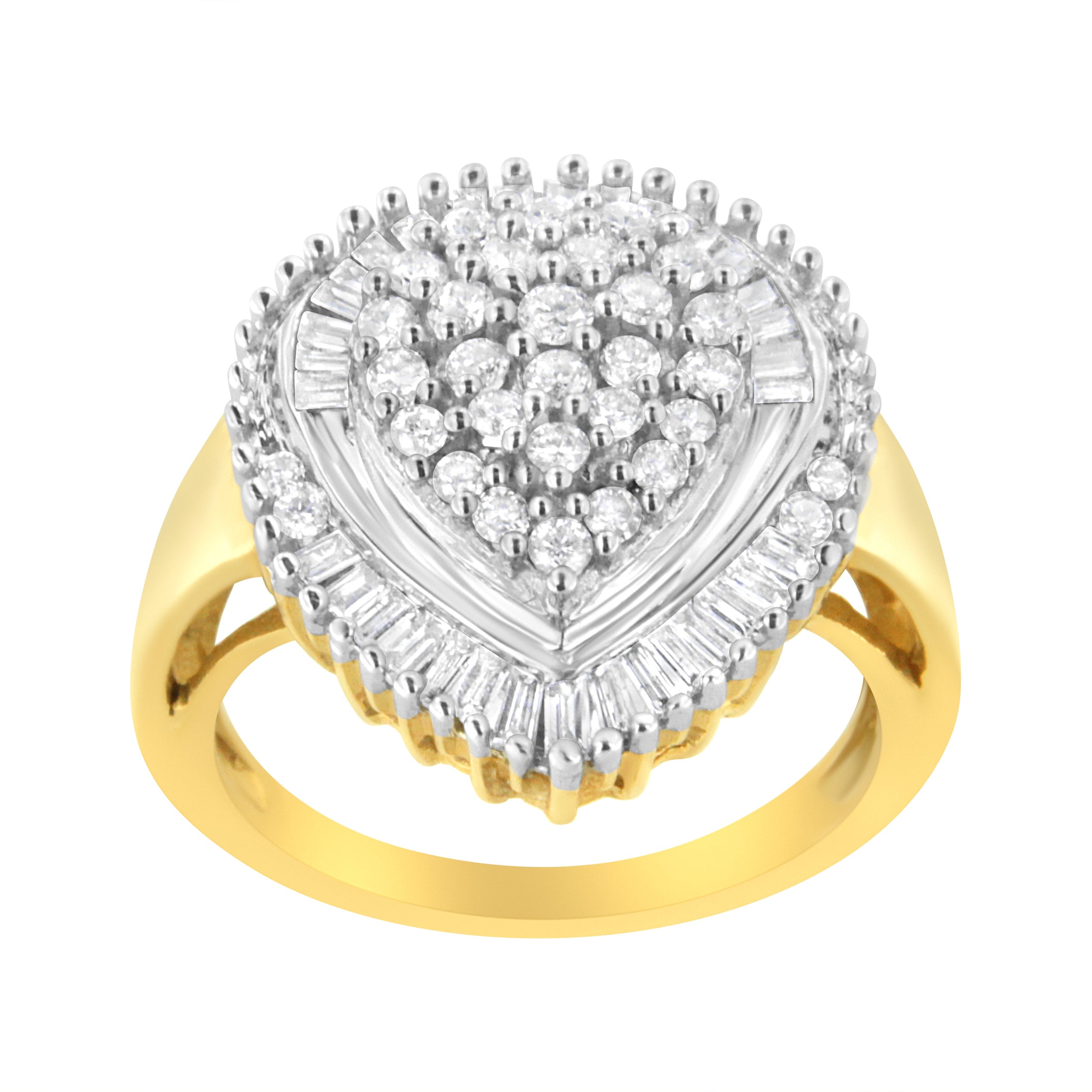 10K Yellow Gold 1.0 Cttw Round and Baguette Cut Diamond Oval Shaped Cluster Ring (I-J Color, I1-I2 Clarity) - Size 7