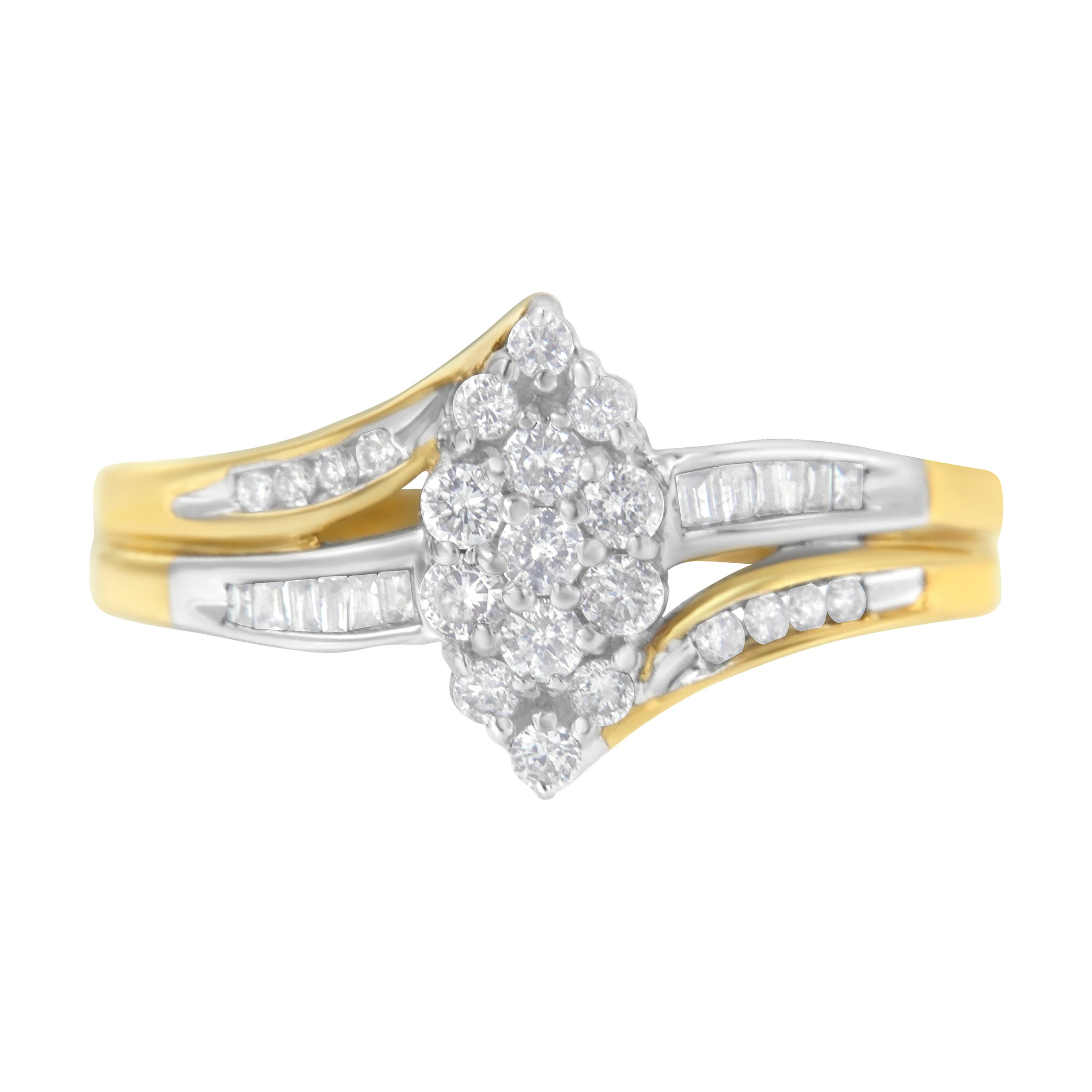 10K Yellow and White Gold 1/2 Cttw Diamond Marquise Shaped Cluster Split Shank Ring (H-I Color, SI2-I1 Clarity) - Size 7