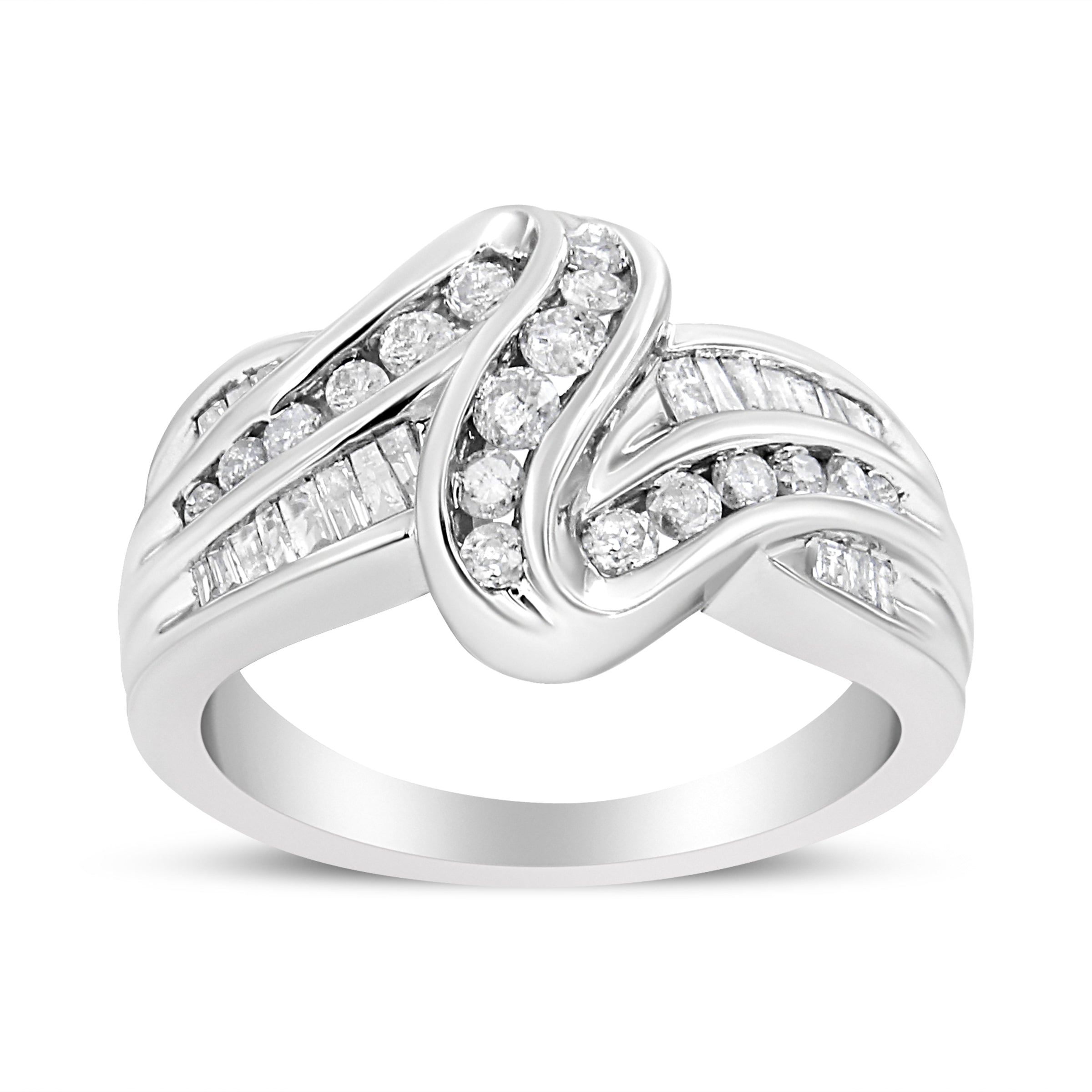 10K White Gold Ring 3/4 Cttw Round and Baguette-Cut Diamond Bypass Ring (H-I Color, I2-I3 Clarity) - Size 6