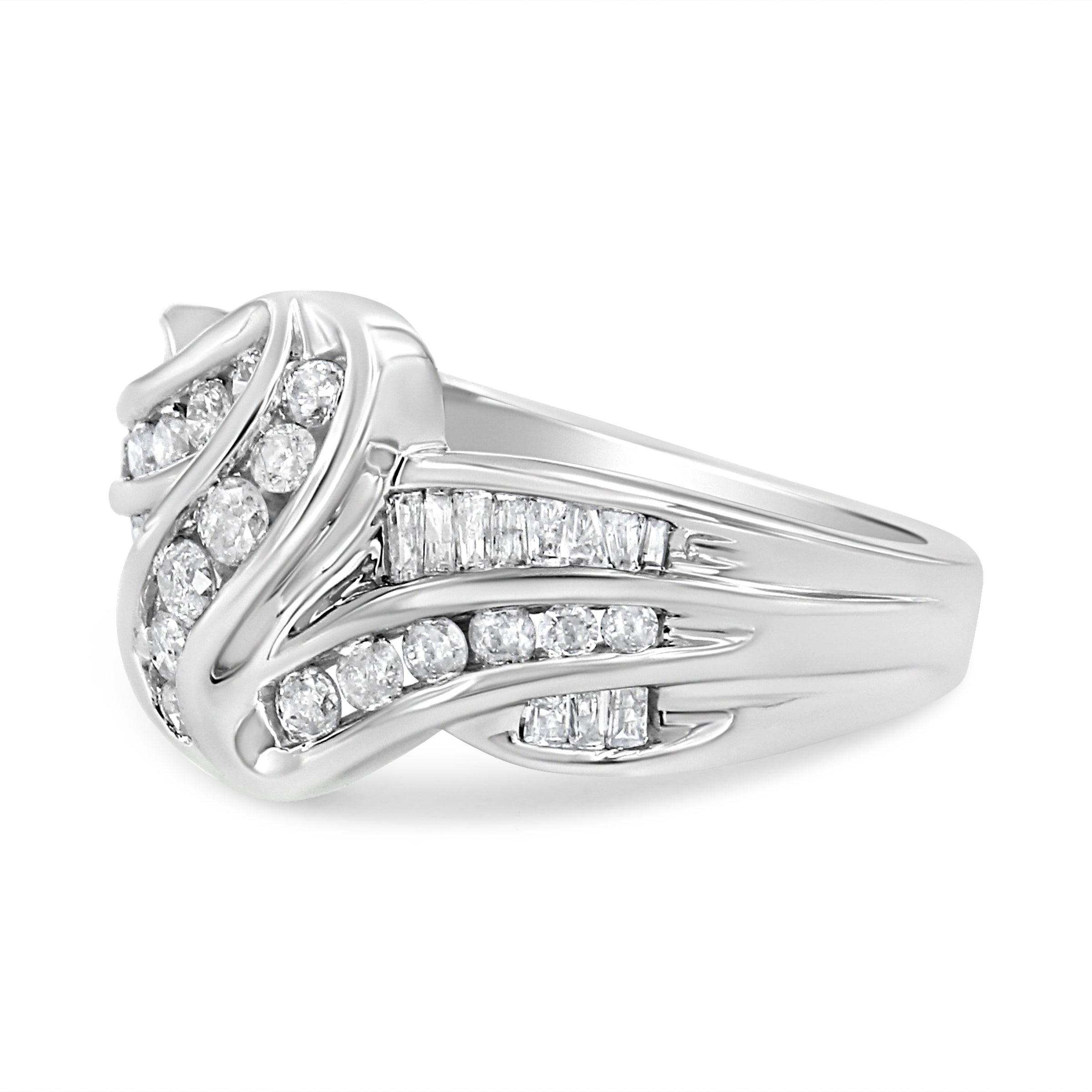 10K White Gold Ring 3/4 Cttw Round and Baguette-Cut Diamond Bypass Ring (H-I Color, I2-I3 Clarity) - Size 6