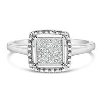 .925 Sterling Silver 1/5 Cttw Invisible Set Princess Cut Diamond Promise Ring with Beaded Halo (H-I Color, I1-I2 Clarity) - Ring Size 7