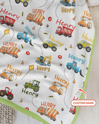 Construction Vehicles Custom Name Bamboo Blanket
