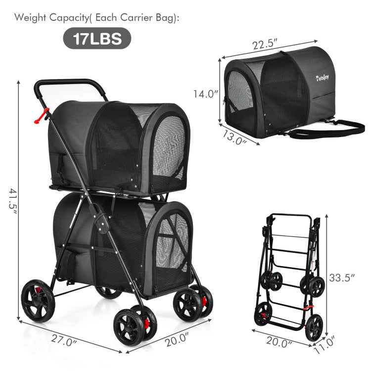 4-in-1 Double Pet Stroller with Detachable Carrier and Travel Carriage - BIG FRENCHIES