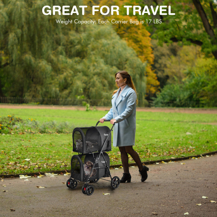 4-in-1 Double Pet Stroller with Detachable Carrier and Travel Carriage - BIG FRENCHIES