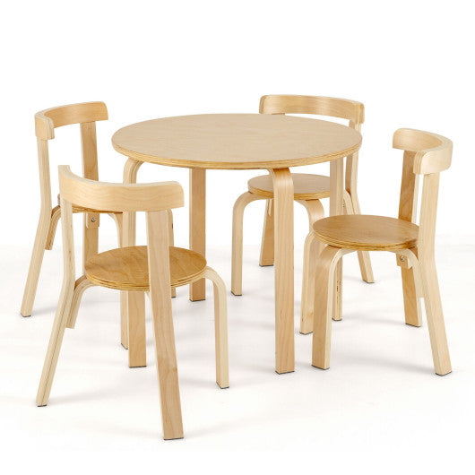 5-Piece Kids Wooden Curved Back Activity Table and Chair Set with Toy Bricks-Natural - BIG FRENCHIES