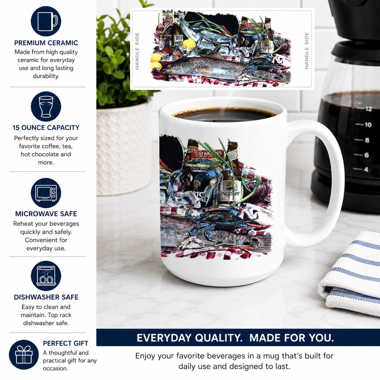 Fish and Beers from New Orleans Ceramic Coffee Mug 15 oz Decorative Large C Handle Mug Cup for Tea, Cocoa Hot Chocolate
