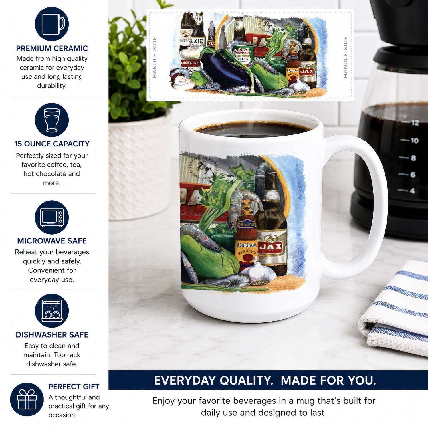 Eggplant and New Orleans Beers  Ceramic Coffee Mug 15 oz Decorative Large C Handle Mug Cup for Tea, Cocoa Hot Chocolate