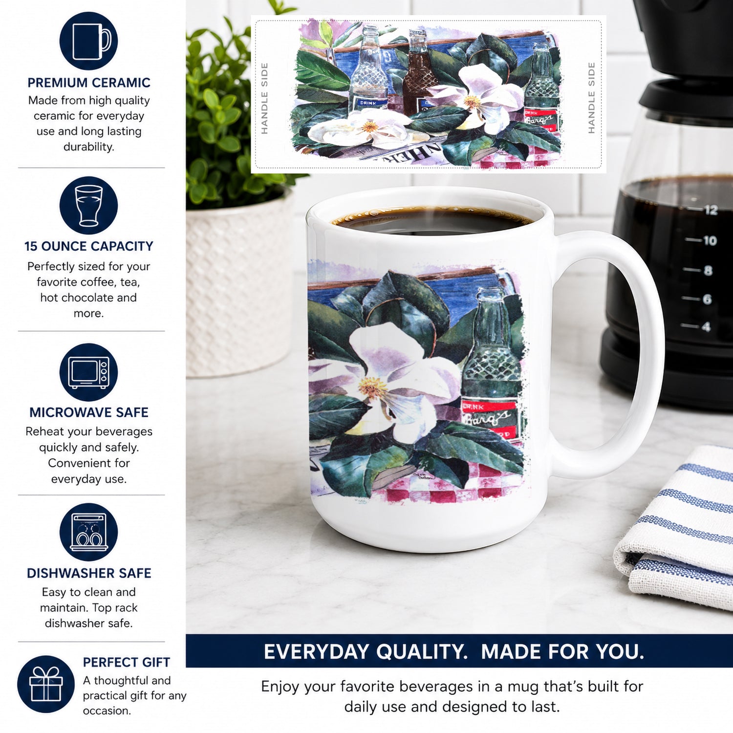 Barq's and Magnolia Ceramic Coffee Mug 15 oz Decorative Large C Handle Mug Cup for Tea, Cocoa Hot Chocolate