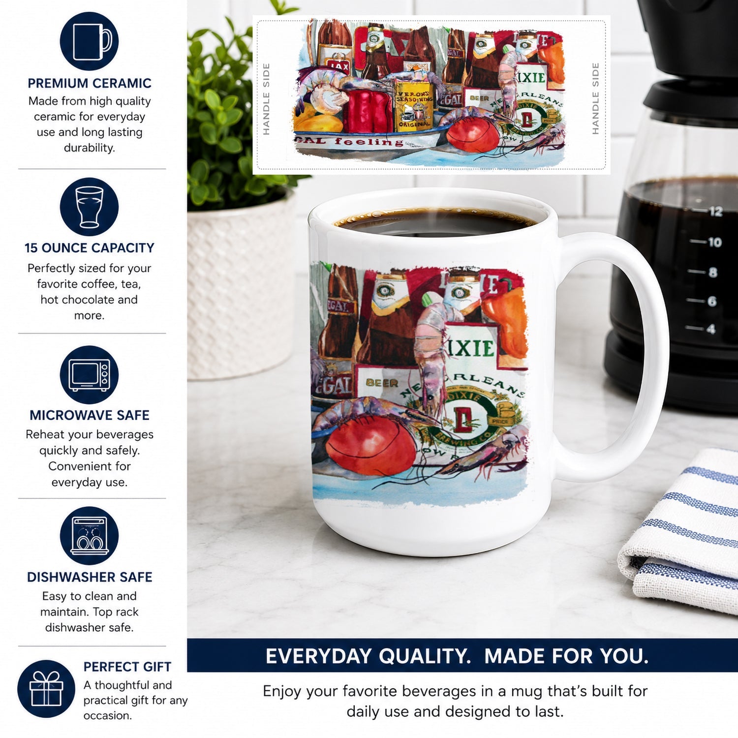 Veron's and New Orleans Beers Ceramic Coffee Mug 15 oz Decorative Large C Handle Mug Cup for Tea, Cocoa Hot Chocolate